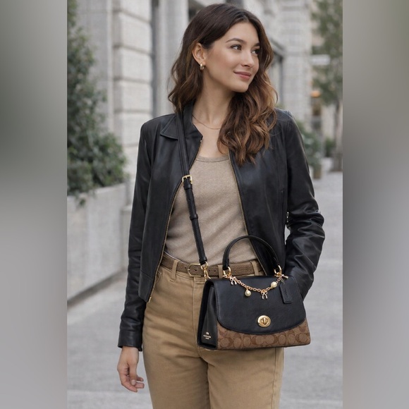 Coach Tilly Top Handle Satchel bag in black / khaki with chain charm - Picture 2 of 13